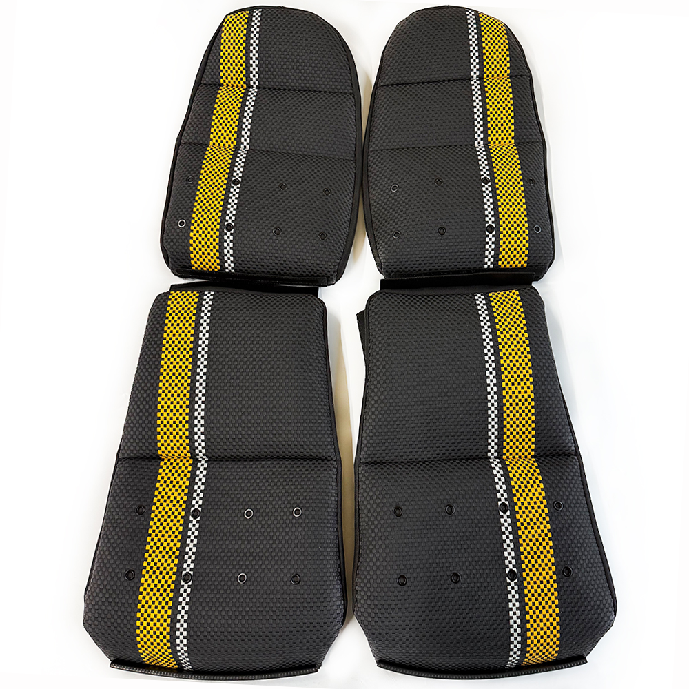 Custom Woven Center Seat Inserts for Porsche Carbon Bucket Seats – Black Base with Bold Yellow Stripe & GT Silver Accent (No Foam)
