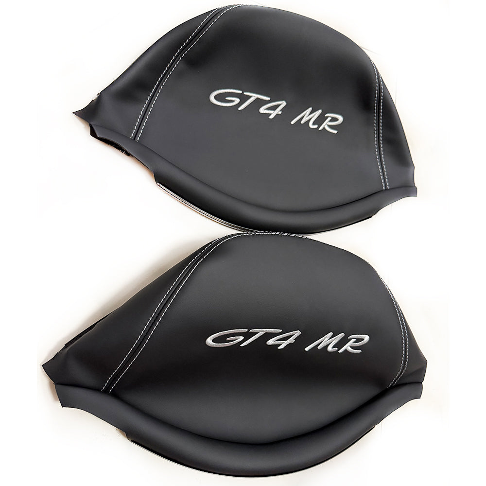 Porsche GT4 MR Racing Bucket Seat Headrest Cover – Black Leather with Silver Embroidery