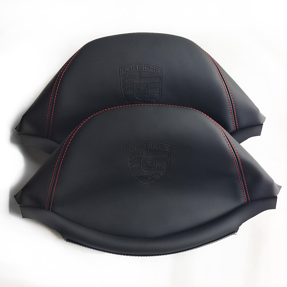 Porsche Racing Bucket Seat Headrest Cover – Black Leather with Embossed Porsche Crest & Red Stitching