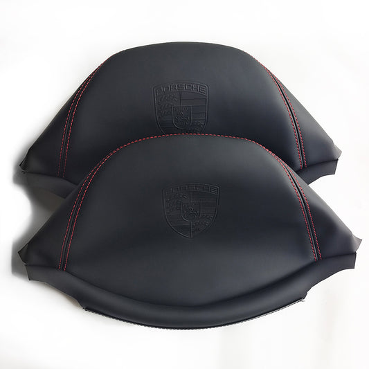 Porsche Racing Bucket Seat Headrest Cover – Black Leather with Embossed Porsche Crest & Red Stitching