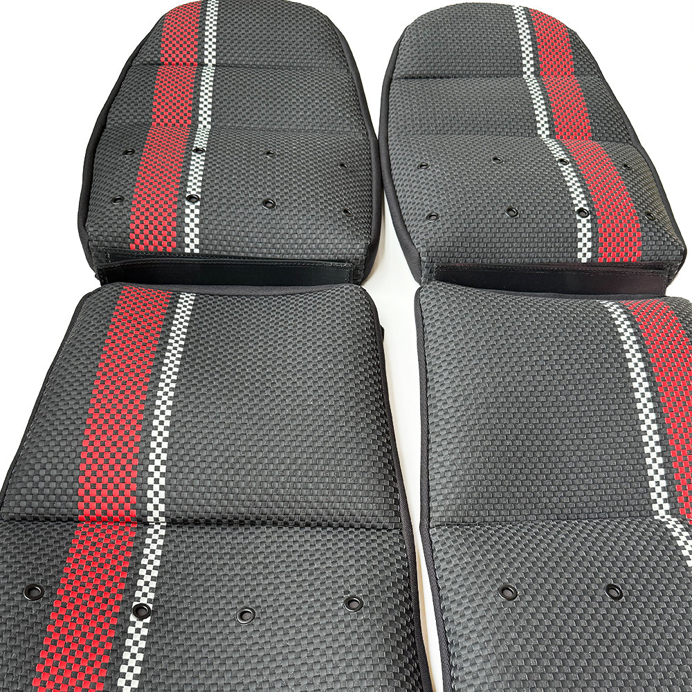 Custom Woven Center Seat Inserts for Porsche Carbon Fiber Bucket Seats – Black Base with Red Bold Vertical Stripes & GT Silver Accent (No Foam)