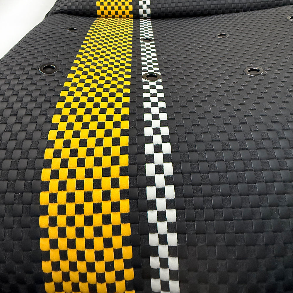 Custom Woven Center Seat Inserts for Porsche Carbon Bucket Seats – Black Base with Bold Yellow Stripe & GT Silver Accent (No Foam)