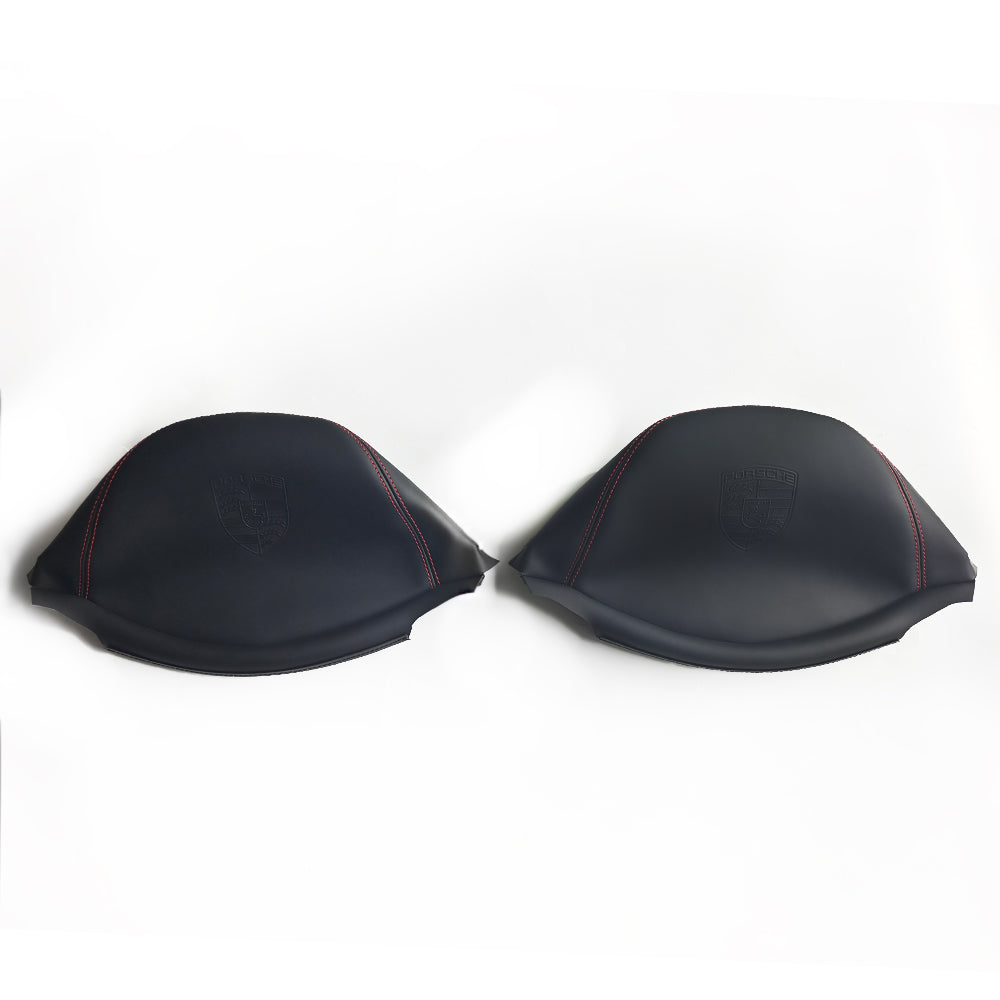 Porsche Racing Bucket Seat Headrest Cover – Black Leather with Embossed Porsche Crest & Red Stitching