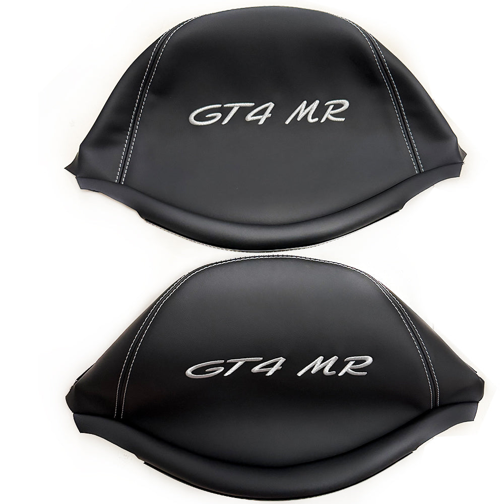 Porsche GT4 MR Racing Bucket Seat Headrest Cover – Black Leather with Silver Embroidery