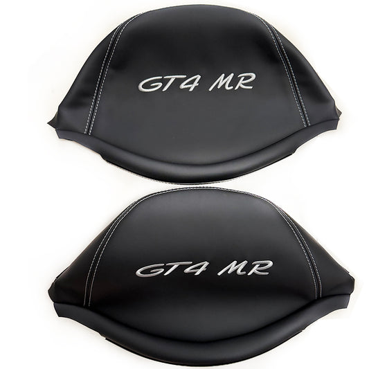 Porsche GT4 MR Racing Bucket Seat Headrest Cover – Black Leather with Silver Embroidery