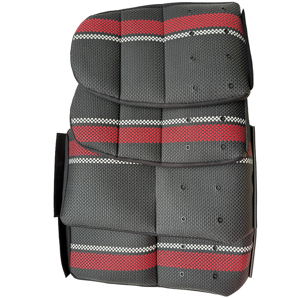 Custom Woven Center Seat Inserts for Porsche Carbon Fiber Bucket Seats – Black Base with Red Bold Vertical Stripes & GT Silver Accent (No Foam)