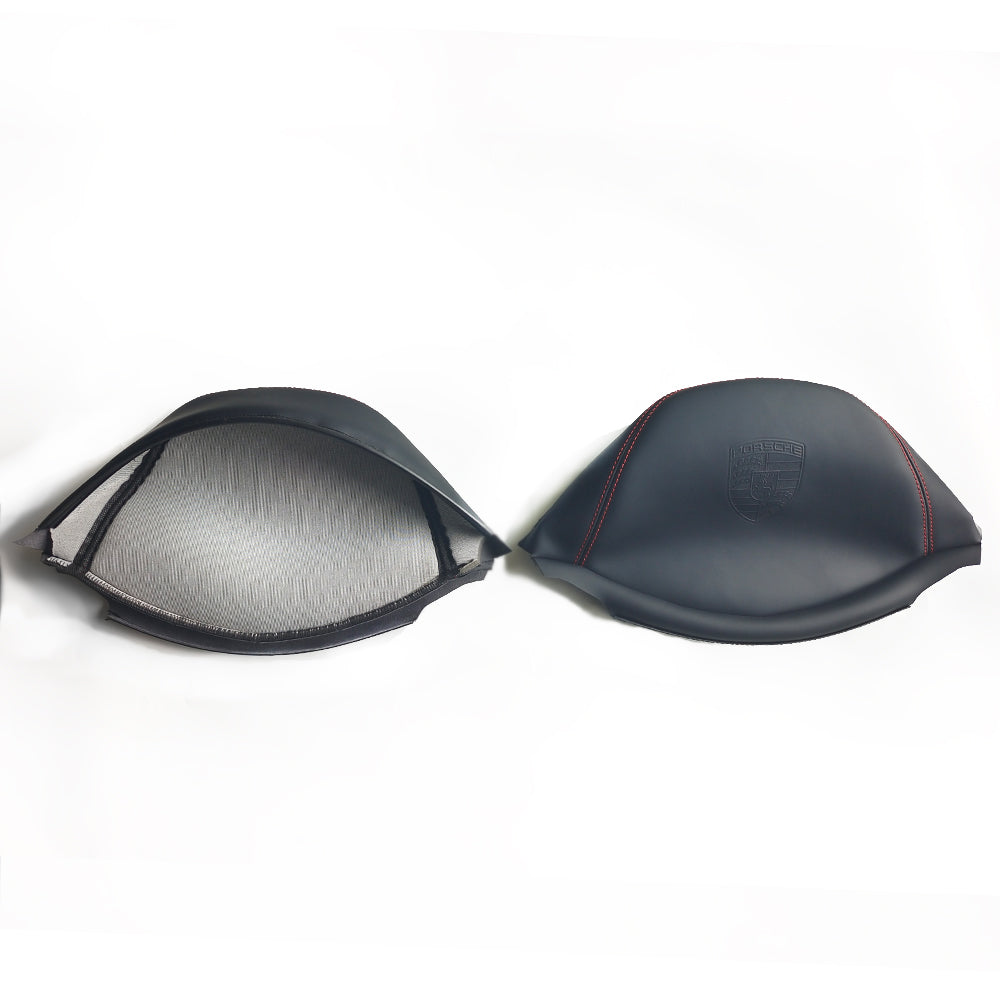 Porsche Racing Bucket Seat Headrest Cover – Black Leather with Embossed Porsche Crest & Red Stitching