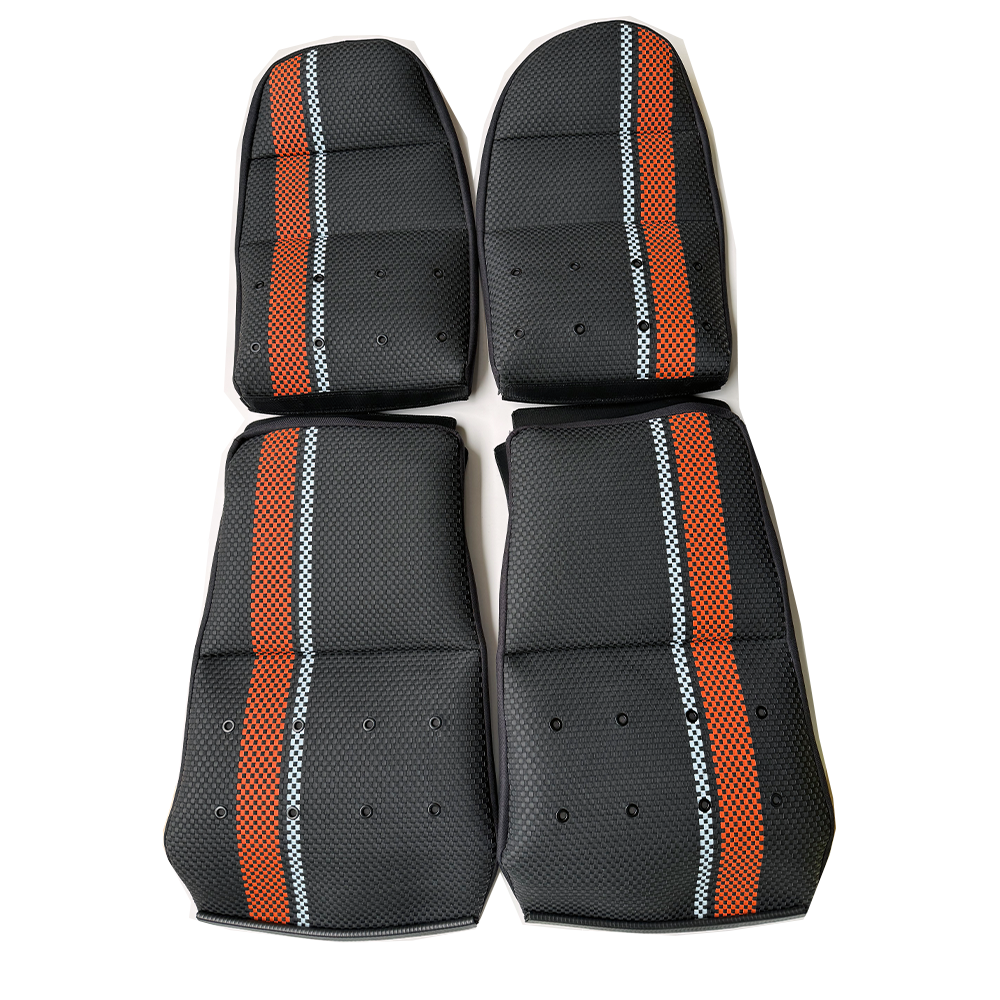 Custom Woven Center Seat Inserts for Porsche Carbon Bucket Seats – Black Base with Bold Orange Stripe & light Blue Accent (No Foam)