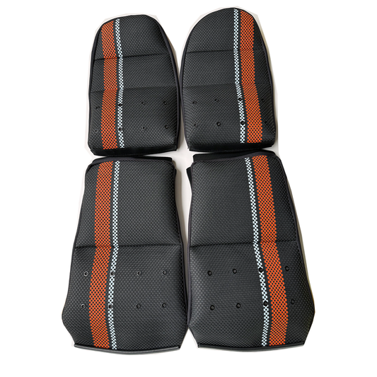 Custom Woven Center Seat Inserts for Porsche Carbon Bucket Seats – Black Base with Bold Orange Stripe & light Blue Accent (No Foam)