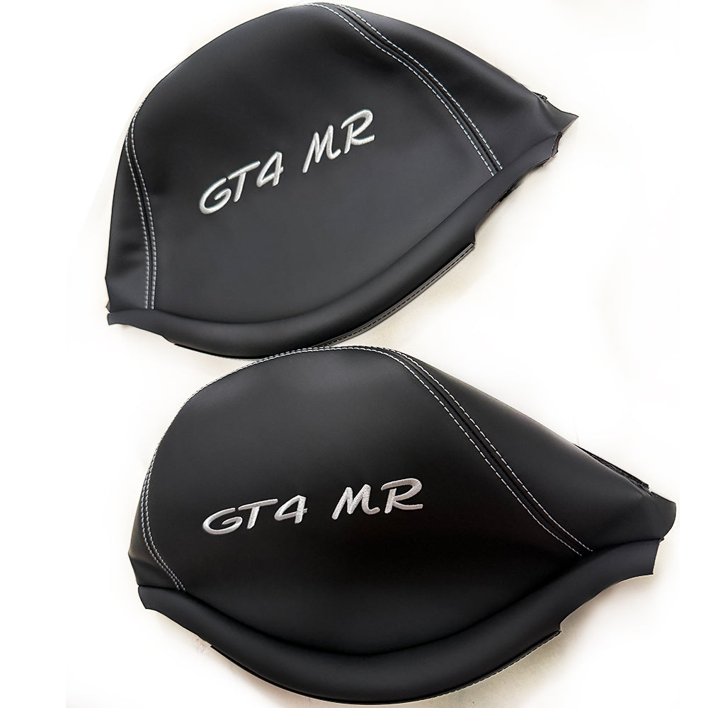 Porsche GT4 MR Racing Bucket Seat Headrest Cover – Black Leather with Silver Embroidery