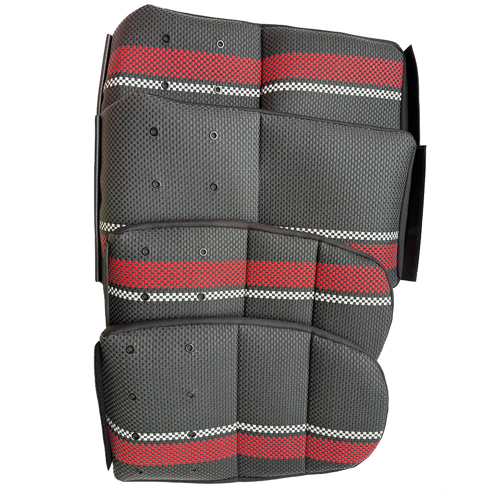 Custom Woven Center Seat Inserts for Porsche Carbon Fiber Bucket Seats – Black Base with Red Bold Vertical Stripes & GT Silver Accent (No Foam)
