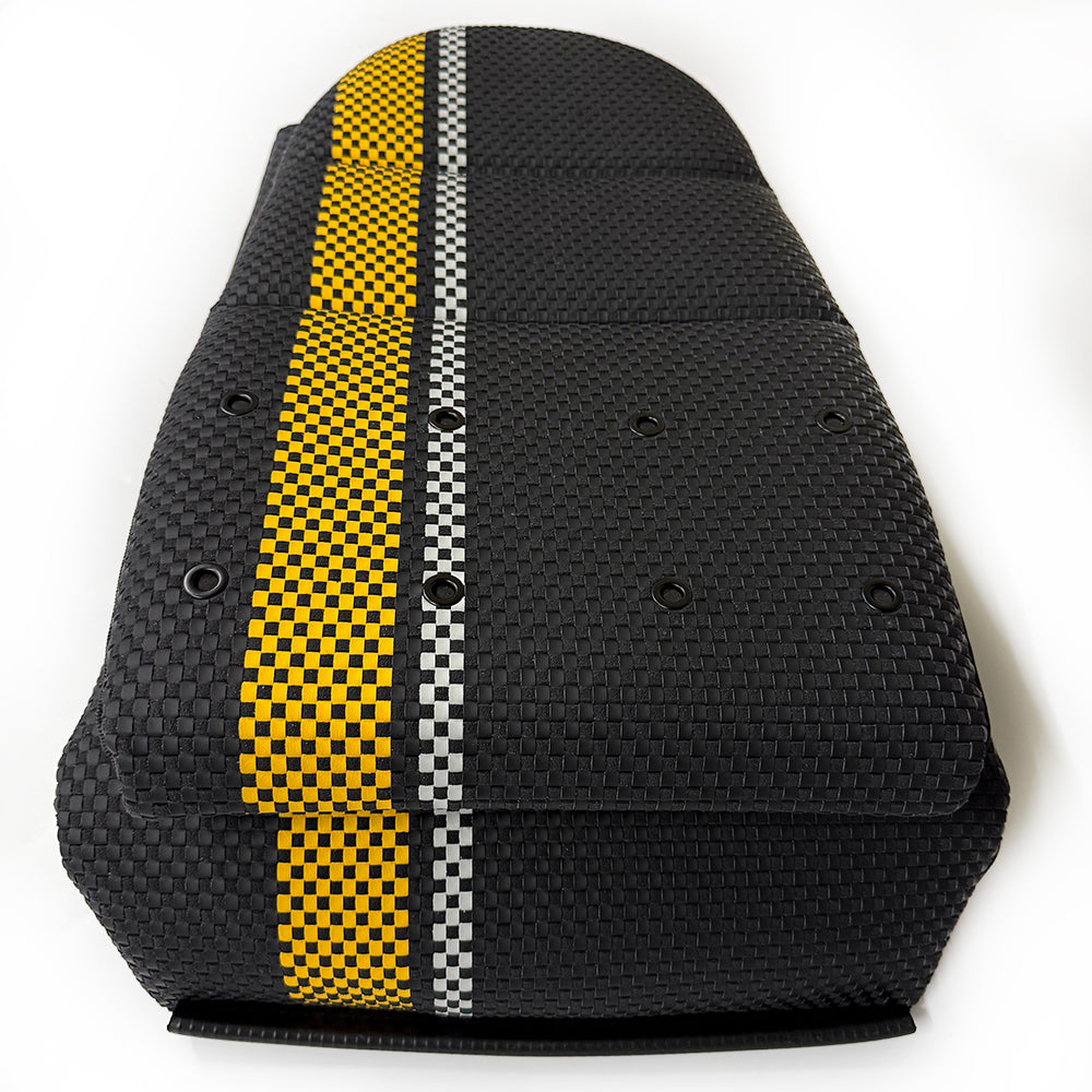 Custom Woven Center Seat Inserts for Porsche Carbon Bucket Seats – Black Base with Bold Yellow Stripe & GT Silver Accent (No Foam)