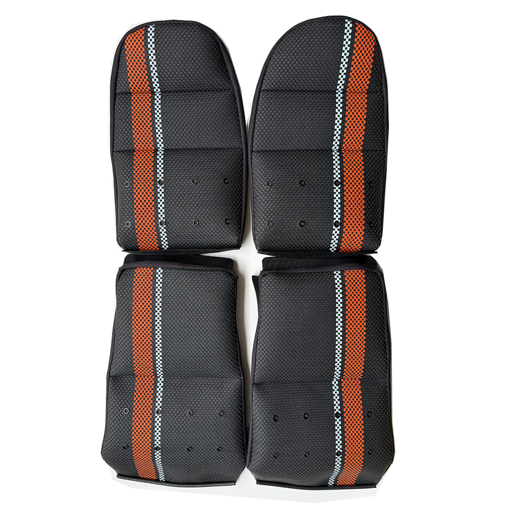 Custom Woven Center Seat Inserts for Porsche Carbon Bucket Seats – Black Base with Bold Orange Stripe & light Blue Accent (No Foam)