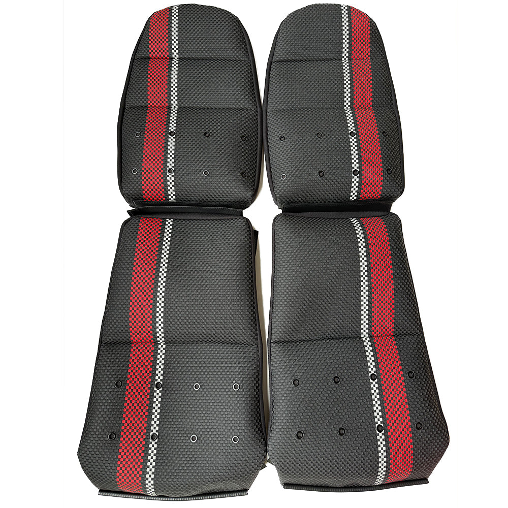 Custom Woven Center Seat Inserts for Porsche Carbon Fiber Bucket Seats – Black Base with Red Bold Vertical Stripes & GT Silver Accent (No Foam)