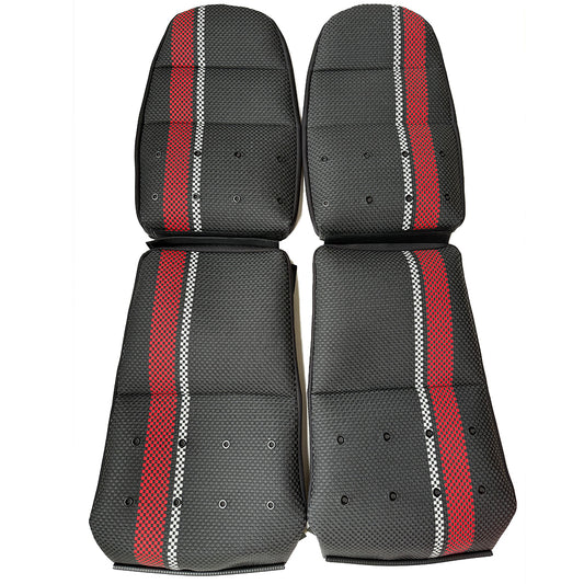 Custom Woven Center Seat Inserts for Porsche Carbon Fiber Bucket Seats – Black Base with Red Bold Vertical Stripes & GT Silver Accent (No Foam)