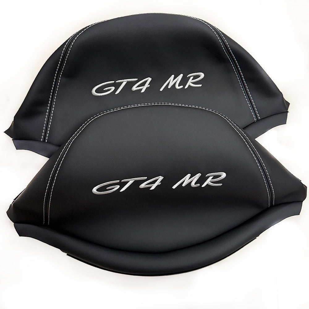 Porsche GT4 MR Racing Bucket Seat Headrest Cover – Black Leather with Silver Embroidery