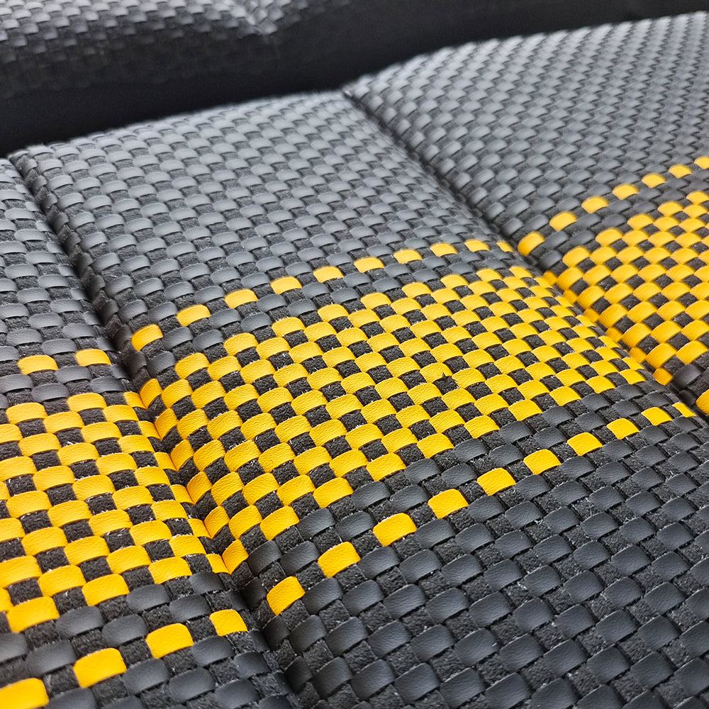 Custom Woven Center Seat Inserts for Porsche Carbon Bucket Seats – Black Base with Bold Yellow Center Stripe & Black Accent (No Foam)
