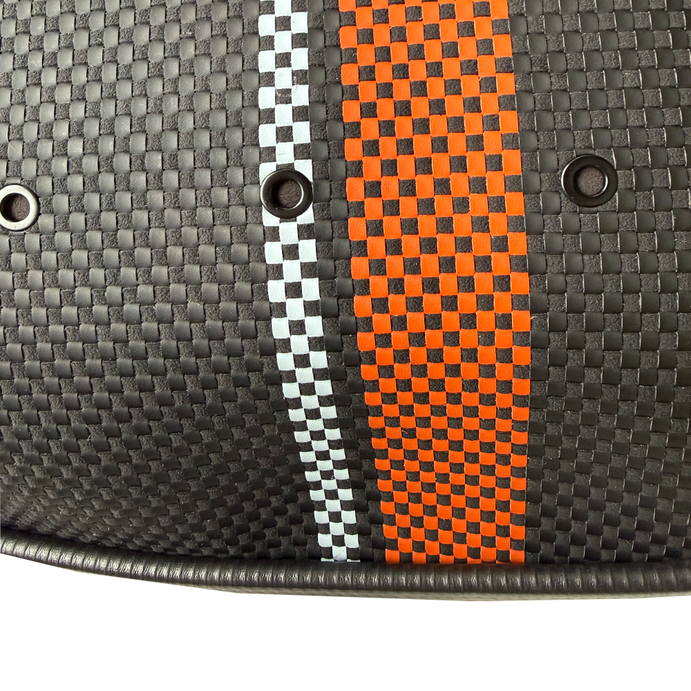 Custom Woven Center Seat Inserts for Porsche Carbon Bucket Seats – Black Base with Bold Orange Stripe & light Blue Accent (No Foam)