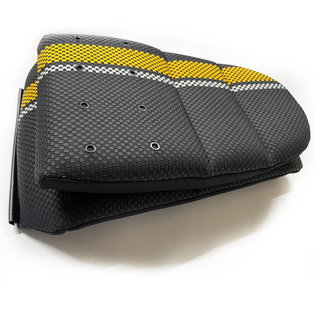 Custom Woven Center Seat Inserts for Porsche Carbon Bucket Seats – Black Base with Bold Yellow Stripe & GT Silver Accent (No Foam)