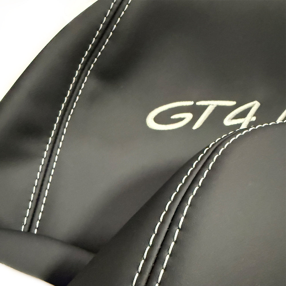 Porsche GT4 MR Racing Bucket Seat Headrest Cover – Black Leather with Silver Embroidery