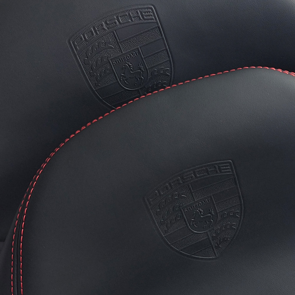 Porsche Racing Bucket Seat Headrest Cover – Black Leather with Embossed Porsche Crest & Red Stitching