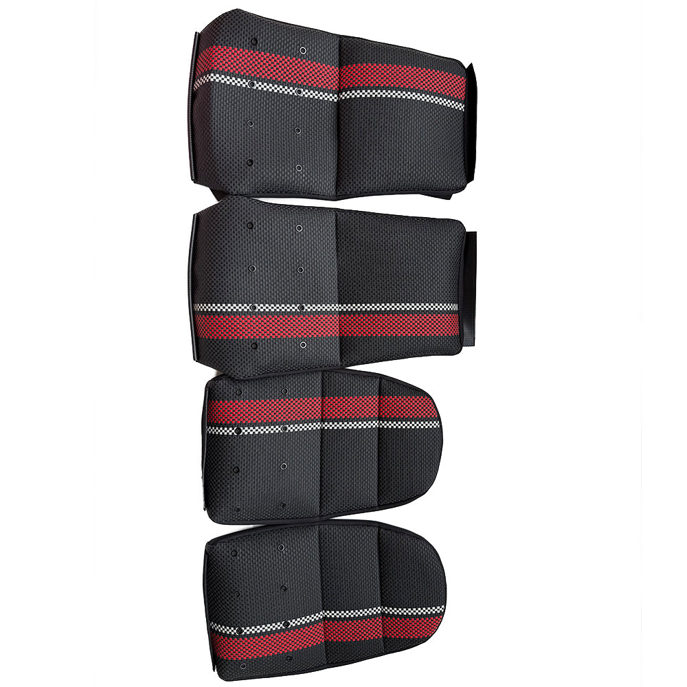Custom Woven Center Seat Inserts for Porsche Carbon Fiber Bucket Seats – Black Base with Red Bold Vertical Stripes & GT Silver Accent (No Foam)