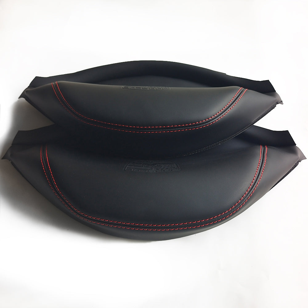 Porsche Racing Bucket Seat Headrest Cover – Black Leather with Embossed Porsche Crest & Red Stitching