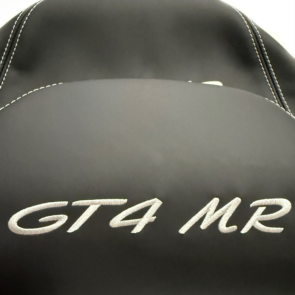 Porsche GT4 MR Racing Bucket Seat Headrest Cover – Black Leather with Silver Embroidery