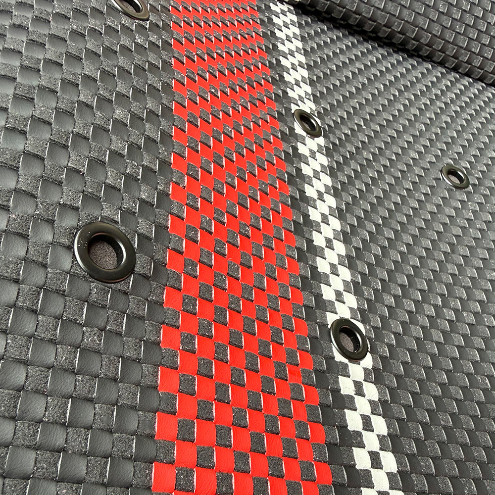 Custom Woven Center Seat Inserts for Porsche Carbon Fiber Bucket Seats – Black Base with Red Bold Vertical Stripes & GT Silver Accent (No Foam)