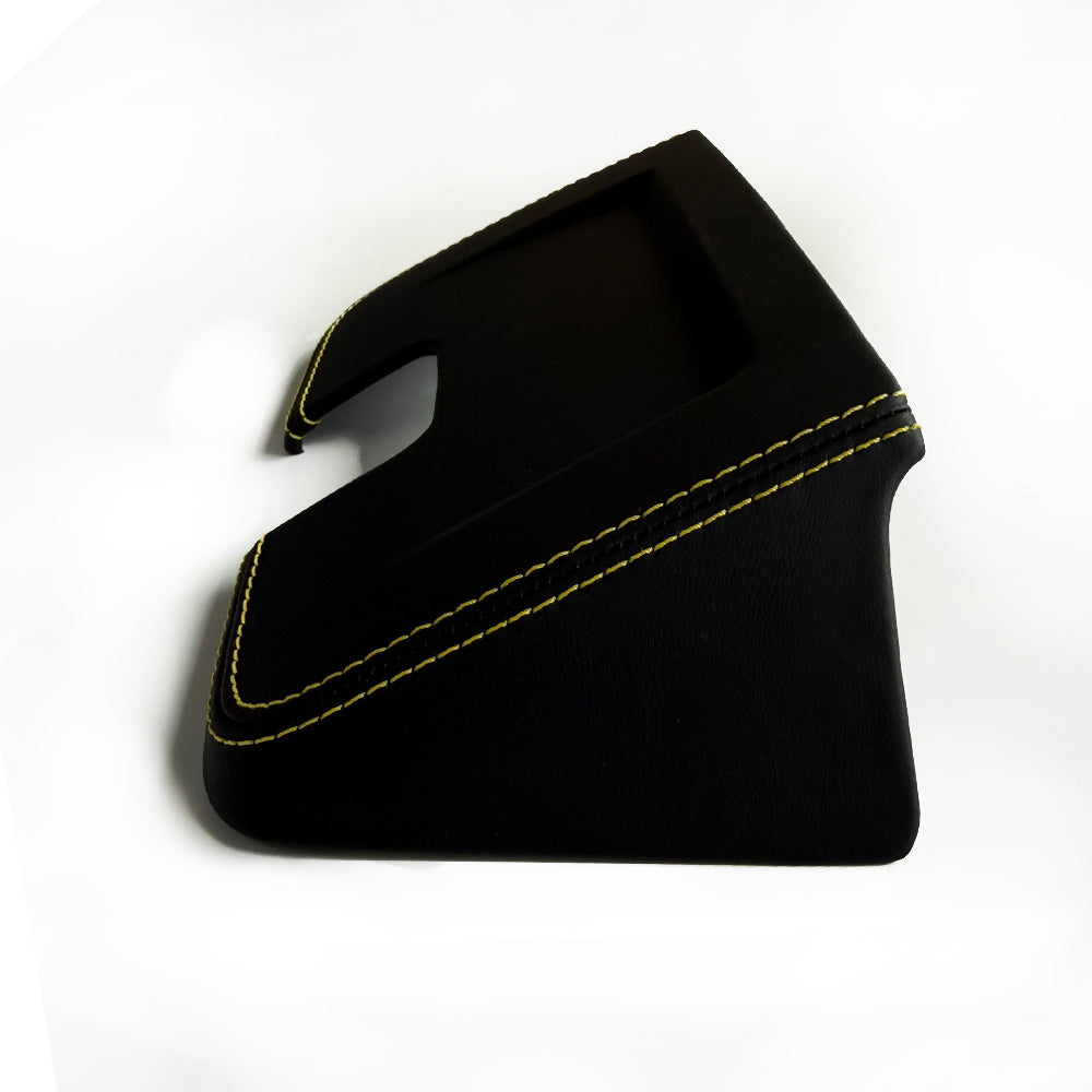 Custom Leather Wrapped Interior Rear View Mirror Cover for Porsche 911 992 – Black Leather with Yellow Double Stitching