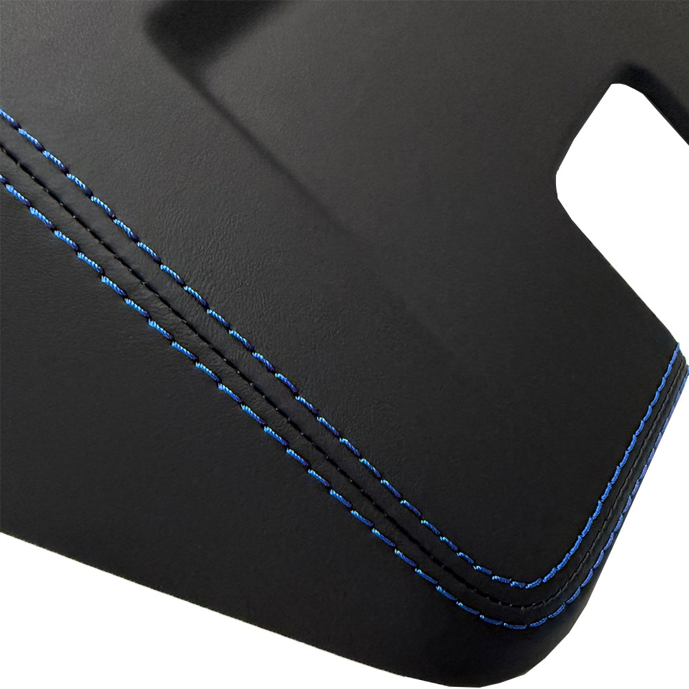 Custom Leather Wrapped Interior Rear View Mirror Cover for Porsche 911 992 – Black Leather with Sharp blue  Double Stitching