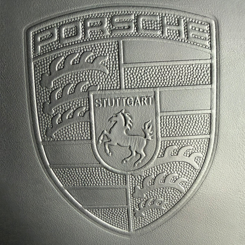 Porsche Racing Bucket Seat Headrest Cover – Black Leather with Embossed Porsche Crest & Red Stitching