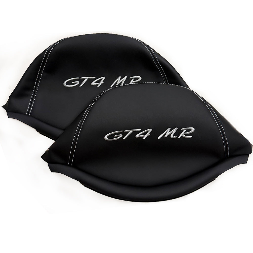 Porsche GT4 MR Racing Bucket Seat Headrest Cover – Black Leather with Silver Embroidery