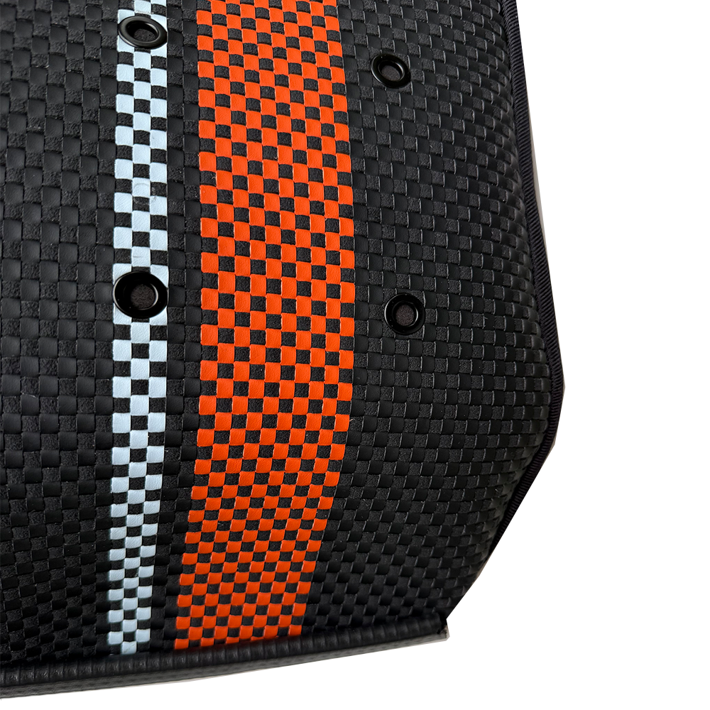 Custom Woven Center Seat Inserts for Porsche Carbon Bucket Seats – Black Base with Bold Orange Stripe & light Blue Accent (No Foam)