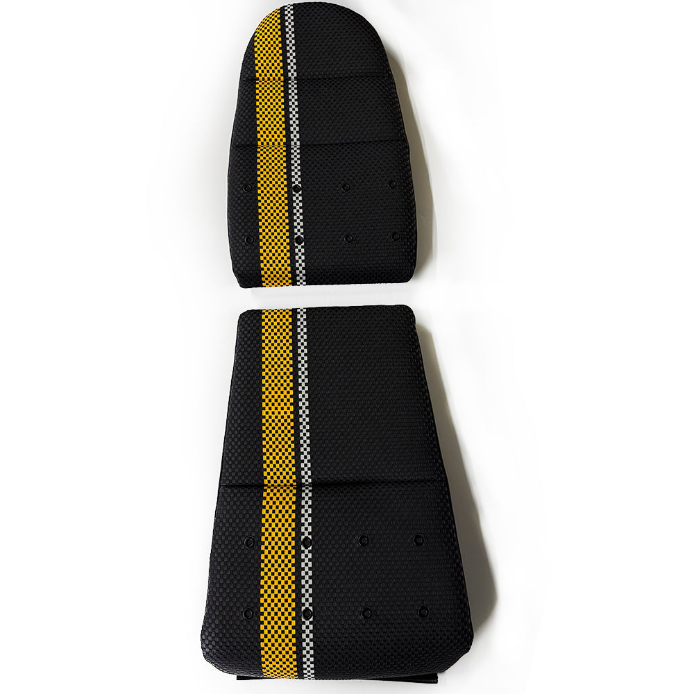 Custom Woven Center Seat Inserts for Porsche Carbon Bucket Seats – Black Base with Bold Yellow Stripe & GT Silver Accent (No Foam)