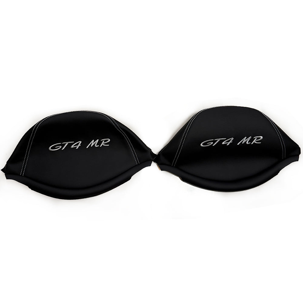 Porsche GT4 MR Racing Bucket Seat Headrest Cover – Black Leather with Silver Embroidery