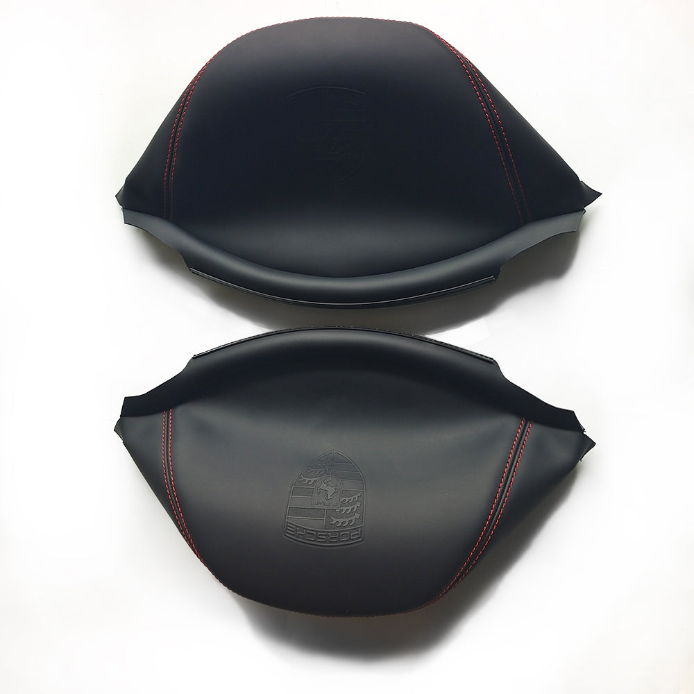 Porsche Racing Bucket Seat Headrest Cover – Black Leather with Embossed Porsche Crest & Red Stitching