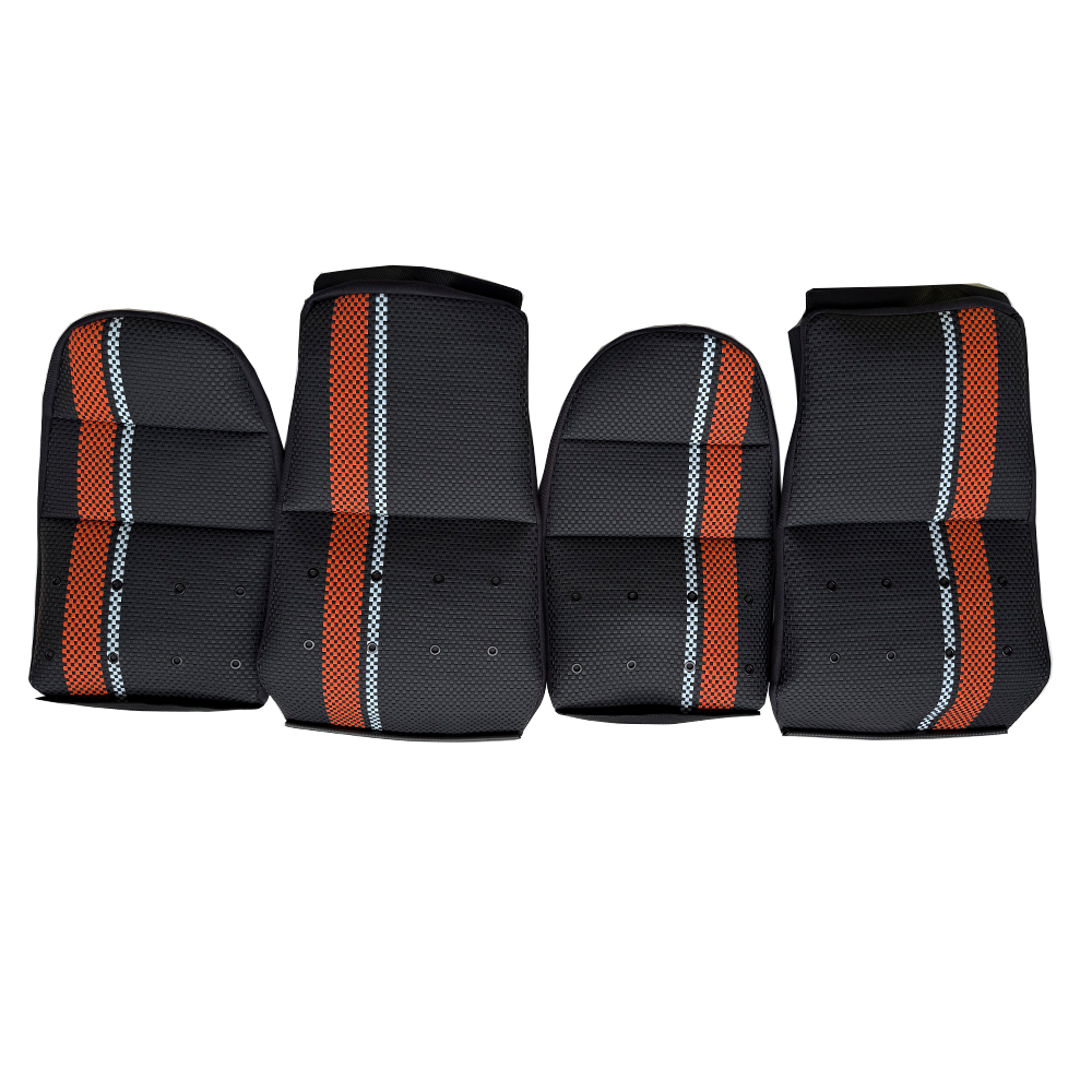 Custom Woven Center Seat Inserts for Porsche Carbon Bucket Seats – Black Base with Bold Orange Stripe & light Blue Accent (No Foam)