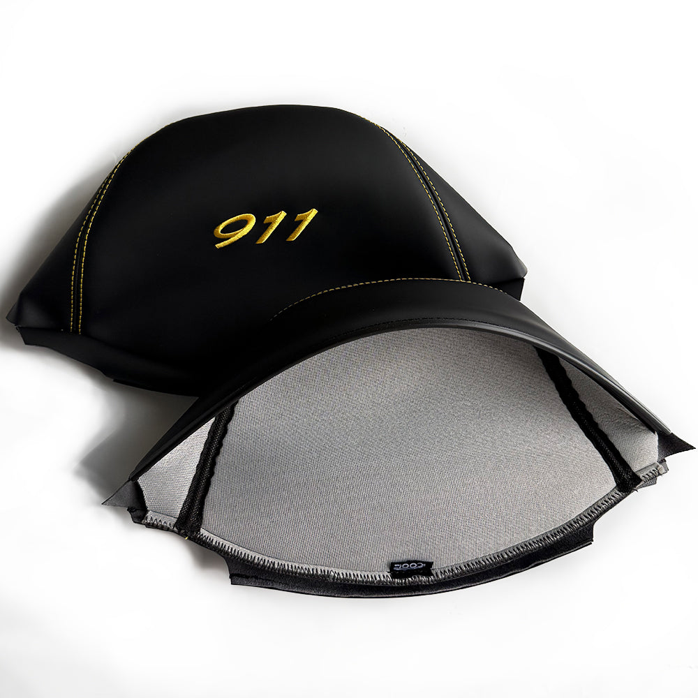 Porsche 911 Racing Bucket Seat Headrest Cover – Black Leather with Yellow 911 Embroidery