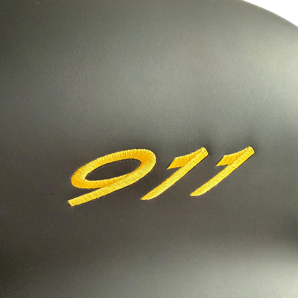 Porsche 911 Racing Bucket Seat Headrest Cover – Black Leather with Yellow 911 Embroidery