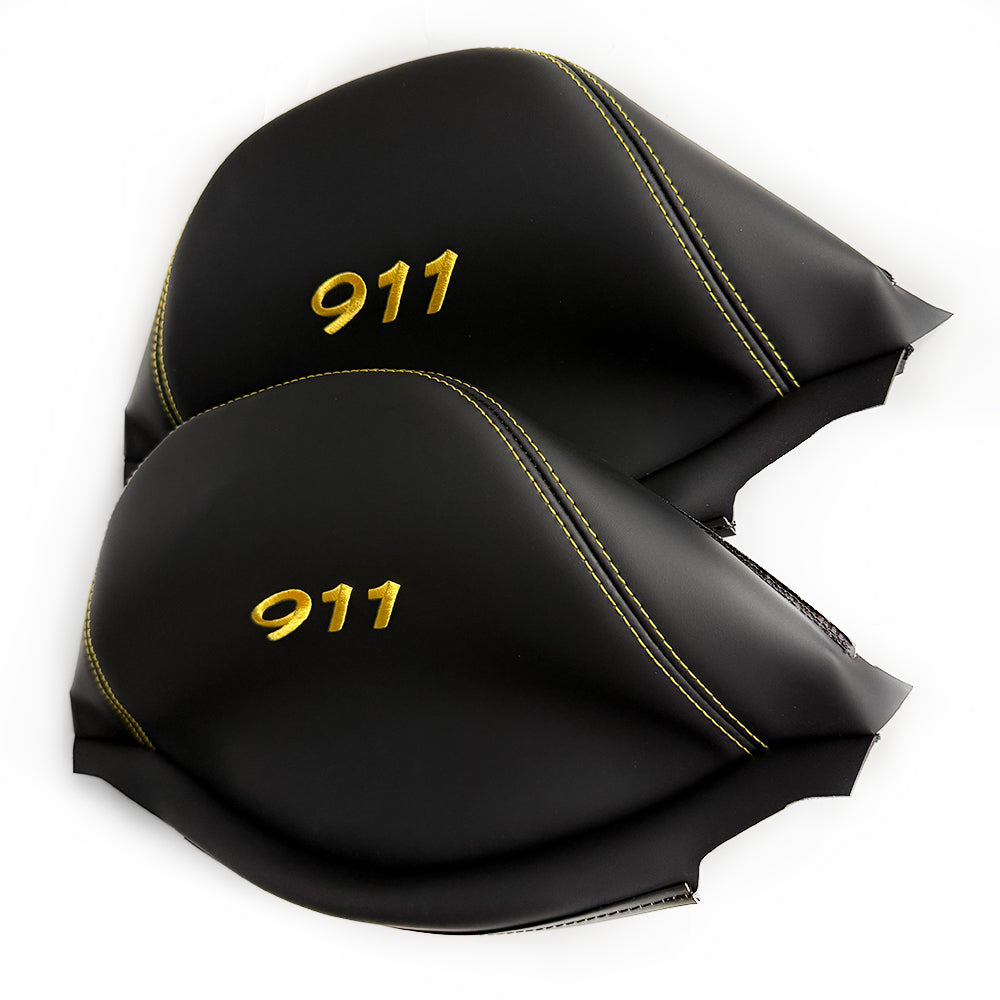 Porsche 911 Racing Bucket Seat Headrest Cover – Black Leather with Yellow 911 Embroidery
