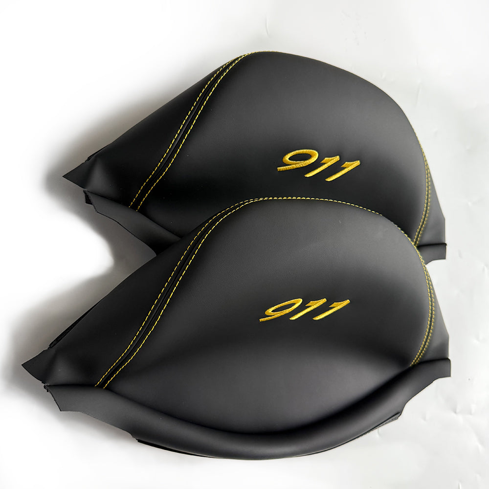 Porsche 911 Racing Bucket Seat Headrest Cover – Black Leather with Yellow 911 Embroidery
