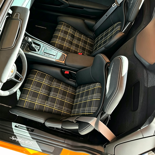Black & Yellow Checkered Center Seat Inserts for Porsche Carbon Fiber Bucket Seats (991 / 992 GT3 RS, 718 GT4 RS, 918)