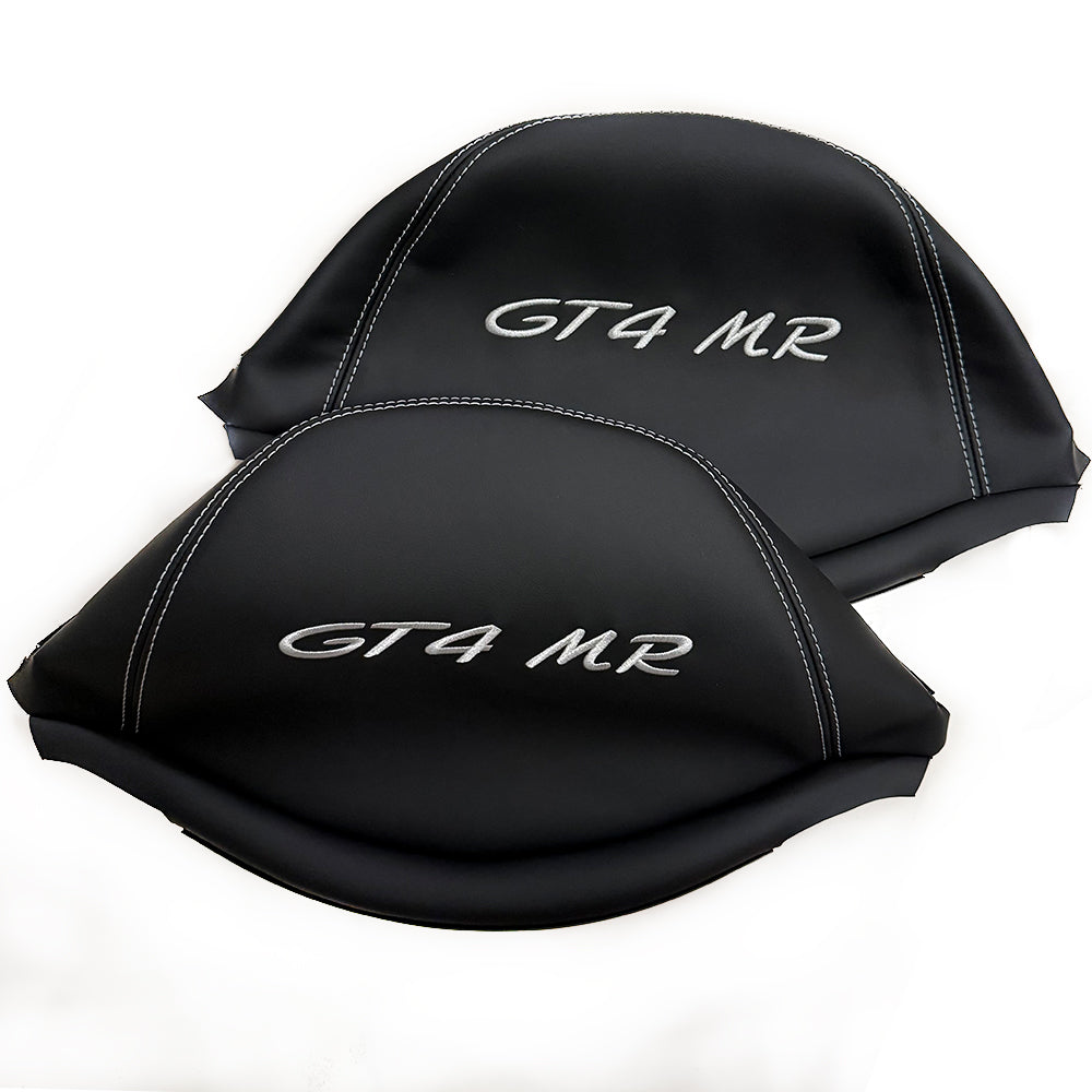 Porsche GT4 MR Racing Bucket Seat Headrest Cover – Black Leather with Silver Embroidery