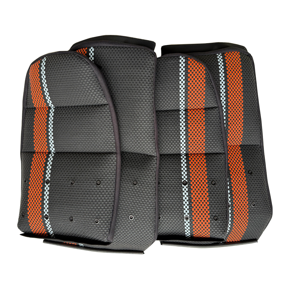 Custom Woven Center Seat Inserts for Porsche Carbon Bucket Seats – Black Base with Bold Orange Stripe & light Blue Accent (No Foam)