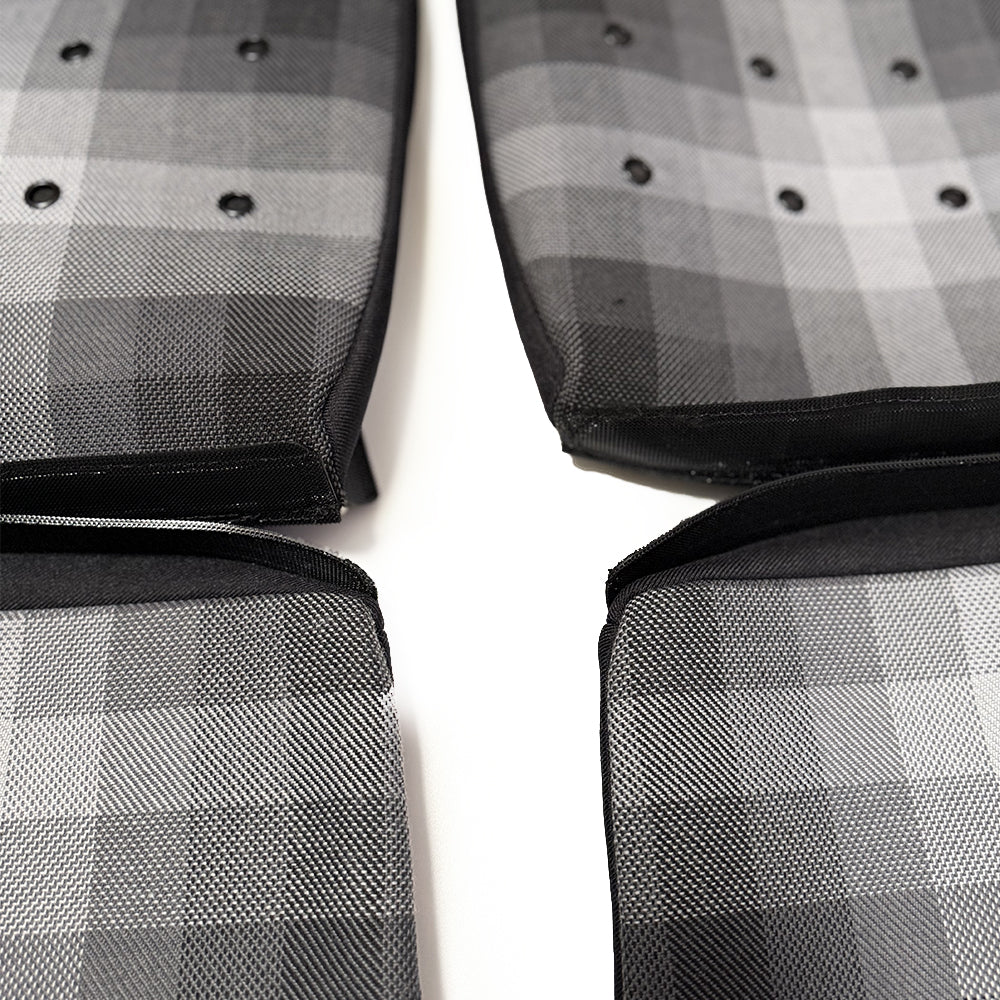 Grey Checkered Center Seat Inserts with Matte Black Button Accents for Porsche Carbon Fiber Bucket Seats (991 / 992 GT3 RS, 718 GT4 RS, 918)