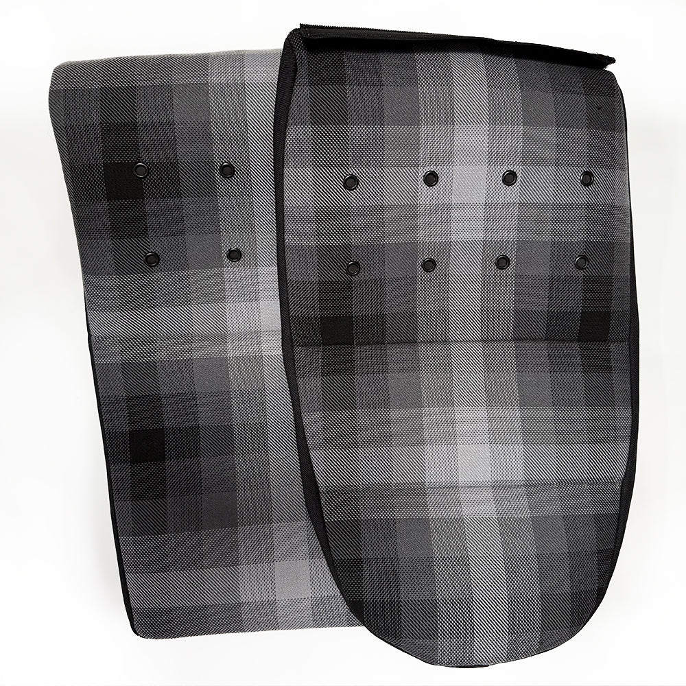 Grey Checkered Center Seat Inserts with Matte Black Button Accents for Porsche Carbon Fiber Bucket Seats (991 / 992 GT3 RS, 718 GT4 RS, 918)